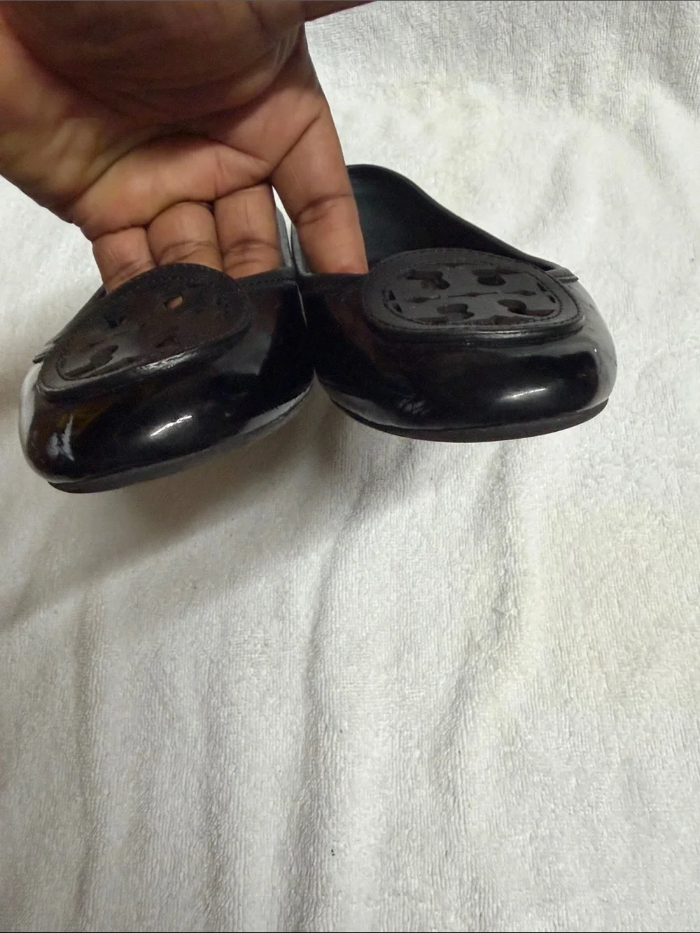 Tory Burch Black Leather Logo Round-Toe Flats